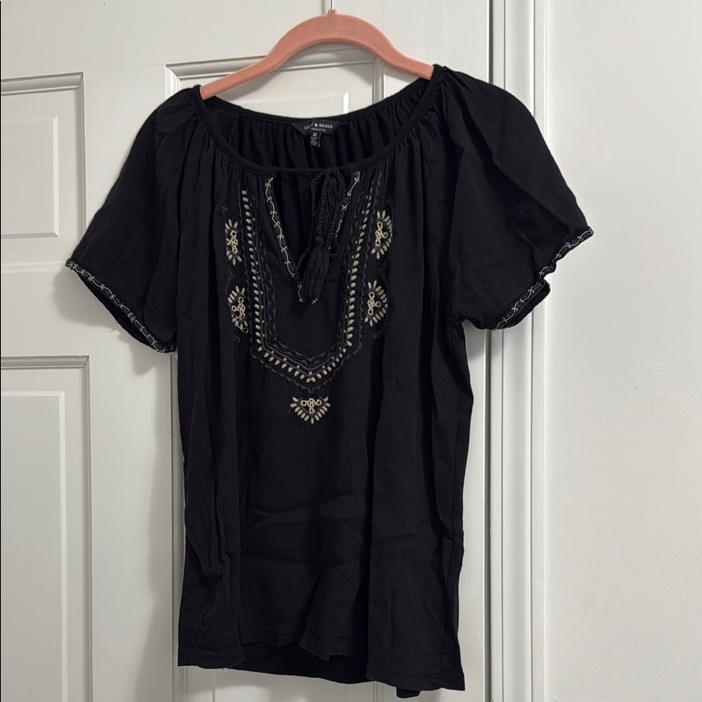 Black Embroidered Women's Top with ties at neck size medium